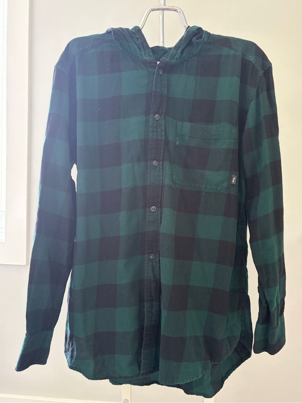 TNA Green and Black Plaid Button-Down Hooded Shirt